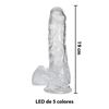 Imagen de Dildo consolador transparente con testículos, ventosa y  luces led cambian de color